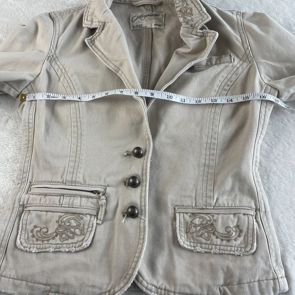 Aeropostale Cotton Embroidered Blazer Jacket Womens S Tan Cream 3 Button Pockets - Picture 5 of 13